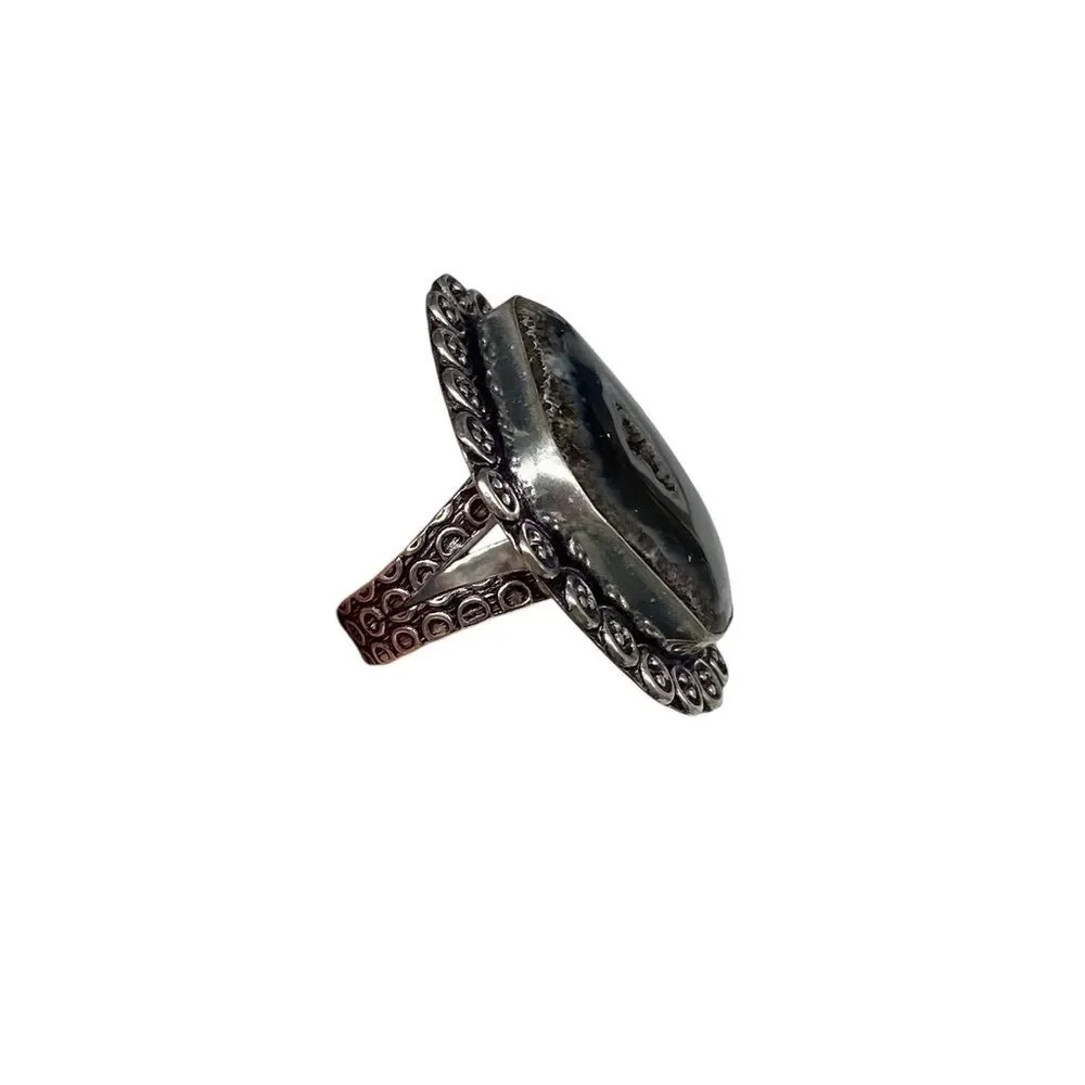 Black Druzy Botswana Agate Geode Ring 925 Sterling Silver Overlay Size 7.5